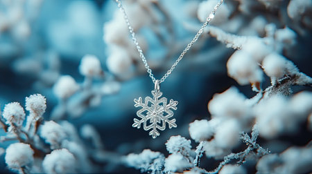 This stunning silver snowflake necklace captures the essence of winter, surrounded by frosted elements. Its exquisite design is perfect for seasonal elegance.の素材