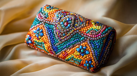 This stunning beaded clutch purse features intricate patterns and vibrant colors, perfect for adding a pop of elegance to any outfit. Ideal for special occasions.の素材