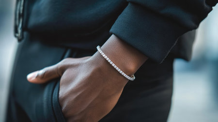 This elegant close-up photo showcases a stylish bracelet worn on a well-groomed hand. The image highlights the intricate details of the accessory against a softly blurred background, emphasizing modern fashion and personal style.の素材