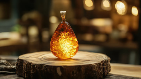 This stunning amber gemstone pendant features an intricate design and is beautifully displayed on a wooden base, illuminated by soft glowing lights.の素材