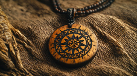 This stunning wooden pendant features an intricate carved design, showcasing exceptional craftsmanship and cultural richness. The necklace is complemented by natural beads, set against a rustic textile background, highlighting its unique character and beauty.の素材