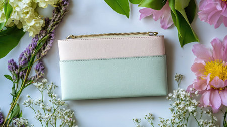 This image features a stylish minimalist wallet in pastel colors, artfully arranged among colorful flowers and fresh green leaves, creating a vibrant spring scene.の素材