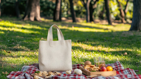 Enjoy a serene picnic scene featuring a tote bag, delicious snacks, and refreshing drinks laid out on a cozy blanket in a lush park.の素材