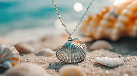 A beautiful silver shell pendant necklace rests on soft sandy beach, surrounded by seashells. The sparkling ocean and sunlight create a serene atmosphere perfect for beach lovers.の素材