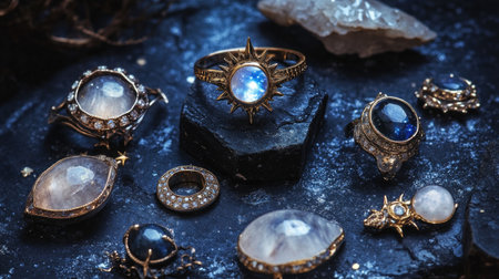 A stunning display of vintage jewelry featuring intricate designs and unique gemstones, including rings, earrings, and decorative elements on a dark surface.の素材