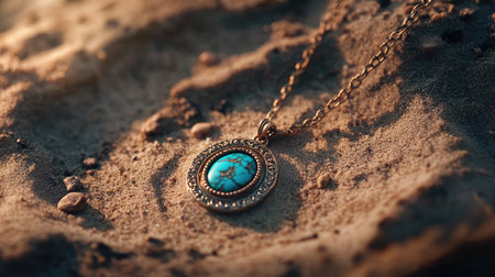 This stunning turquoise pendant rests on a sandy surface, bathed in soft sunlight, highlighting its intricate design and beauty, perfect for showcasing elegance.の素材