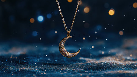 This enchanting image features a golden crescent moon pendant delicately hanging from a chain, surrounded by sparkling elements and a vibrant bokeh background.の素材