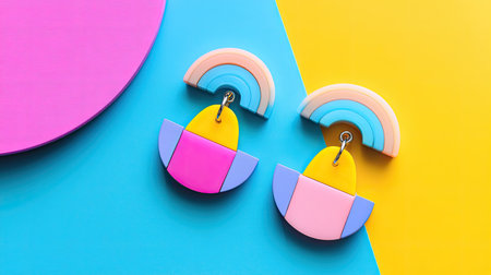 Bright and colorful geometric earrings displayed against vibrant backdrop, showcasing a playful style perfect for modern fashion lovers and creative minds.の素材