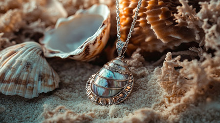 Stunning seashell pendant necklace rests on a sandy beach, surrounded by natural seashells. This elegant piece adds a touch of coastal beauty to any outfit.の素材