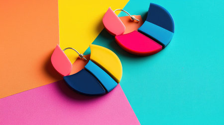 This image features a stunning pair of colorful geometric earrings artistically displayed on a bright background with vivid shades, perfect for fashion lovers.の素材