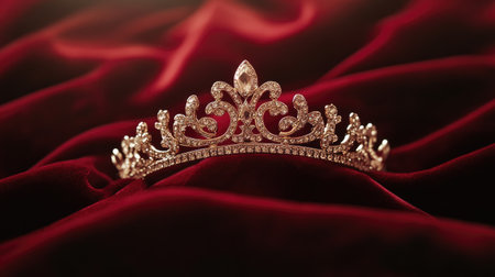 A stunning pink tiara sparkling with jewels rests elegantly on rich red fabric, embodying luxury and sophistication for fashion and beauty occasions.の素材