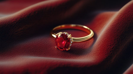 This stunning gold ring features a captivating ruby, surrounded by shimmering accents, showcased against a rich velvet background, emphasizing luxury.の素材