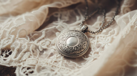 This image captures a beautifully crafted vintage silver locket featuring a pearl detail, elegantly resting on intricate lace, ideal for capturing timeless romance.の素材