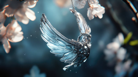 An exquisite glass wing pendant gently sways amidst delicate blossoms in a mystical forest, evoking a sense of tranquility and beauty in nature.の素材