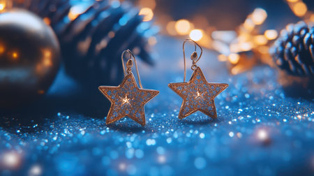 Stunning star-shaped earrings with sparkling glitter, set against a vibrant blue background filled with festive holiday decorations, perfect for celebrations.の素材