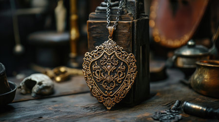 This captivating image features an ornate antique pendant displayed elegantly on a rustic wooden table, surrounded by various vintage objects, highlighting the intricate craftsmanship and historic charm of the jewelry.の素材