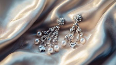 This breathtaking image features stunning silver earrings embellished with elegant pearls, set against a backdrop of soft, luxurious satin fabric, creating a fashionable accent.の素材