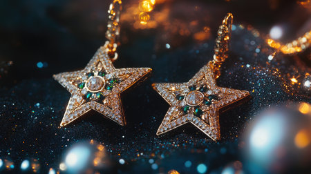 Stunning close-up of elegant star-shaped earrings featuring a dazzling array of gems against a glittery background, perfect for luxury jewelry displays.の素材