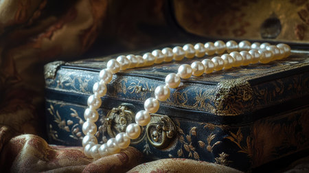 This captivating image features a stunning pearl necklace elegantly draped over an antique jewelry box, surrounded by luxurious fabric, evoking timeless beauty.の素材
