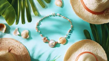 A vibrant handmade necklace featuring shells and pearls, elegantly displayed on a tropical backdrop with straw hats and lush leaves, evoking a sunny beach vibe.の素材
