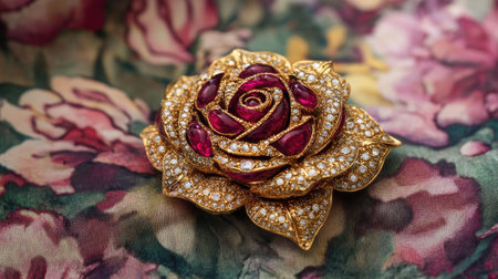 This exquisite gold rose brooch features rich red and sparkling clear gemstones, beautifully crafted on a soft floral background, perfect for adding elegance.の素材