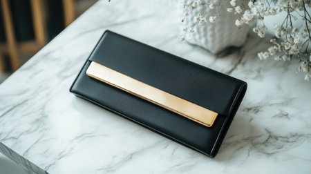 This image showcases an elegant black wallet featuring a striking gold accent, positioned neatly on a marble surface with delicate flowers nearby, exuding luxury.の素材