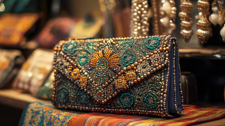 This stunning handcrafted clutch features intricate beading and a rich array of colors that showcase exceptional craftsmanship and unique patterns.の素材