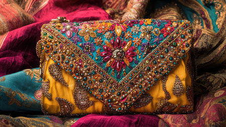 This image features a stunning ethnic clutch bag adorned with intricate embroidery and decorative beads, set against a colorful fabric background, perfect for festive occasions.の素材