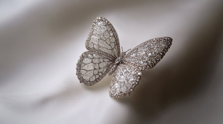 Stunning butterfly brooch made with intricate diamond details, showcasing exceptional craftsmanship against a soft fabric background. Perfect for elegant occasions.の素材