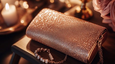 This stunning rose gold clutch shines with sparkling details, perfect for evening parties and elegant occasions. A stylish accessory on a beautifully set table.の素材
