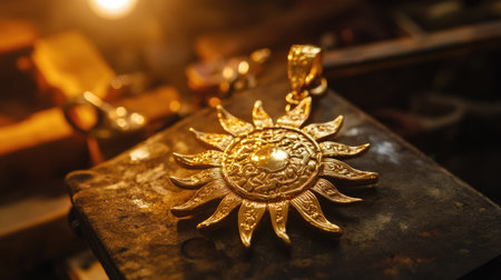 A stunning golden sun pendant captured on a rustic workbench, showcasing intricate artistry. The warm glow of the pendant highlights craftsmanship and design.の素材