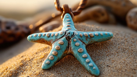 A beautiful turquoise starfish pendant rests on soft sand, capturing the essence of coastal charm with its intricate details and natural texture.の素材