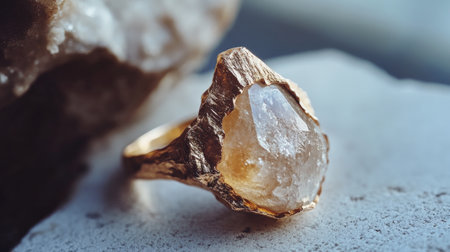 This exquisite ring features a raw crystal set in a rustic gold band, showcasing nature's beauty and artisanal craftsmanship. Perfect for any occasion.の素材
