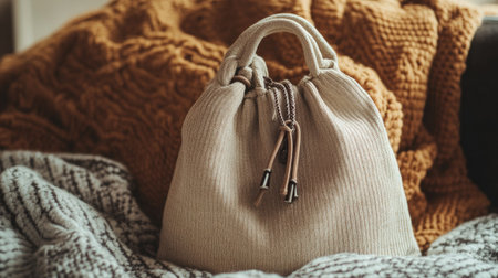 A soft fabric handbag placed on a cozy blanket creates a warm and inviting atmosphere, perfect for showcasing casual fashion and stylish accessories.の素材