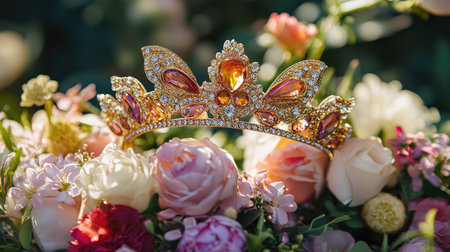 This stunning gold crown adorned with colorful gems rests beautifully among soft roses, creating an enchanting scene perfect for themes of beauty, royalty, and celebrations.の素材