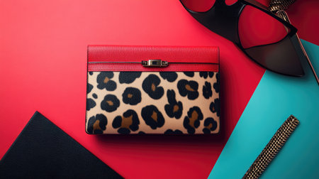 A vibrant and stylish leopard print wallet rests on a striking red background, surrounded by chic accessories, showcasing a perfect blend of elegance and modern design.の素材