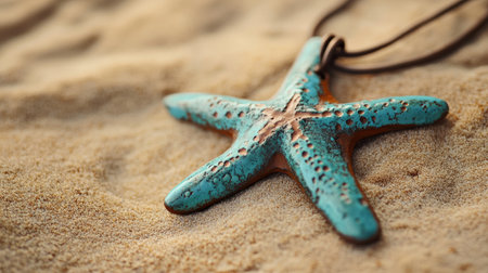 This captivating image features a turquoise starfish pendant elegantly placed on sandy beach terrain, radiating a tranquil summer vibe under sunlight.の素材