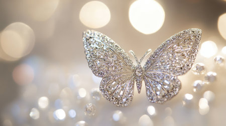 This beautiful silver butterfly brooch adorned with shimmering gems captures elegance and luxury. Perfect for a stylish accessory or gift.の素材