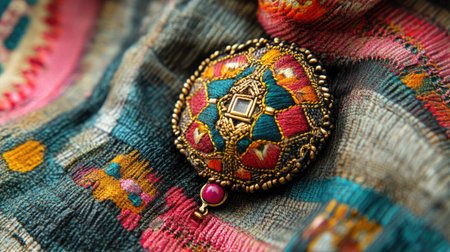 A vibrant traditional brooch rests elegantly on a richly patterned textile, showcasing intricate craftsmanship and stunning colors that celebrate heritage and culture.の素材