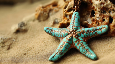 Discover a beautiful turquoise starfish pendant necklace artfully arranged on soft sand, capturing the essence of coastal beauty and creative design.の素材