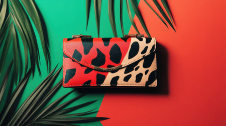 A chic wallet featuring a striking red and black leopard print design, set against a vibrant backdrop with tropical leaves, perfect for fashion enthusiasts.の素材