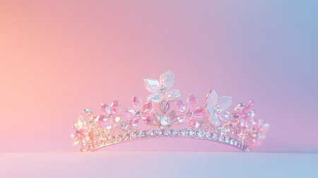This stunning pink and crystal tiara features an intricate floral design, set against a soft pastel background, perfect for capturing beauty and elegance.の素材