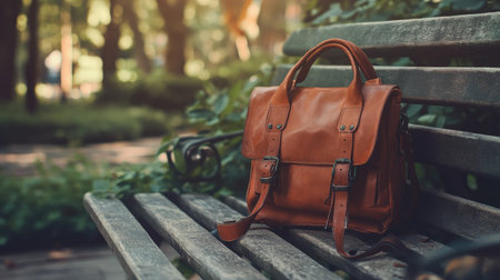 A brown vintage leather satchel rests on a wooden park bench, illuminated by soft morning light, emphasizing the natural beauty of the outdoor setting.の素材