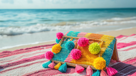 A vibrant beach bag featuring colorful pom poms rests on a sandy shore, with gentle ocean waves and a stunning horizon in the background. Perfect for summer.の素材