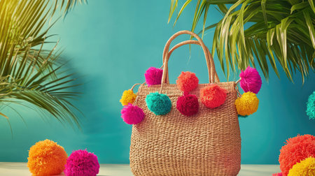 This vibrant image features a stylish woven handbag adorned with colorful pom poms, set against a bright blue background and surrounded by lush tropical plants.の素材