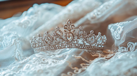 A stunning silver tiara rests gracefully on soft, delicate fabric adorned with intricate lace patterns. Perfect for bridal or royal themes, this image captures elegance and beauty.の素材