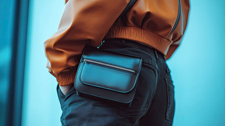 A stylish close-up of a fashionable crossbody bag worn with a trendy outfit. The urban blue background enhances the modern design, highlighting essential details and casual elegance.の素材