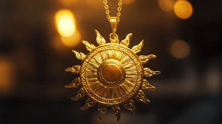 A beautiful golden sun pendant featuring intricate details and a radiant shine, suspended on a chain against a soft-focused background, perfect for accessories.の素材