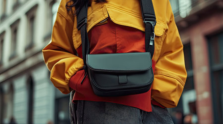A trendy urban look showcasing a black crossbody bag paired with a vibrant yellow and red jacket, captured in a bustling city atmosphere, perfect for fashion enthusiasts.の素材