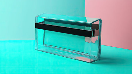 A sleek and modern transparent acrylic box featuring a stylish black handle, set against a vibrant and colorful background that enhances its aesthetic appeal.の素材